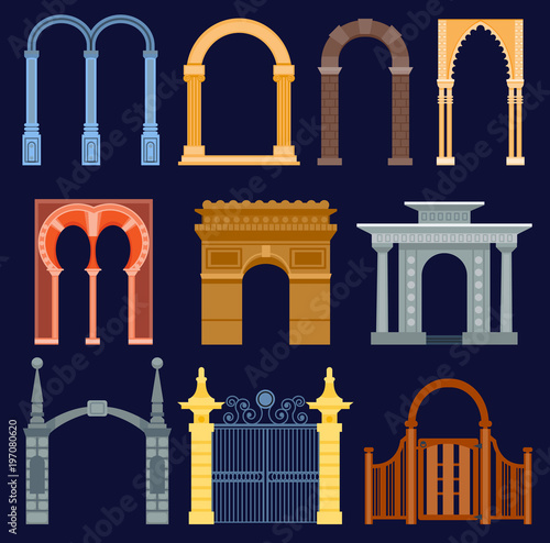 Arch gate vector house exterior design architecture construction frame classic, column structure gate door facade and gateway building ancient construction illustration. Traditional art frame doorway photo