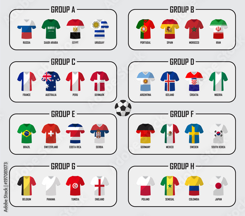 Soccer cup 2018 team group set . Football players with jersey uniform and national flags . Vector for international world championship tournament