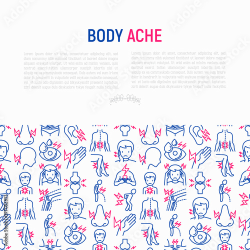 Body aches concept with thin line icons: migraine, toothache, pain in eyes, ear, nose, when urinating, chest pain, menstrual, joint, arthritis, rheumatism. Vector illustration for banner, print media.