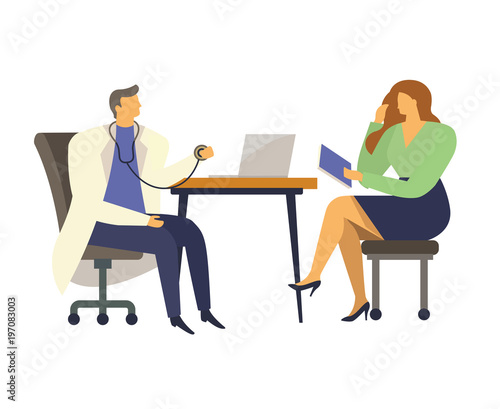 Medicine concept with doctor and patient in flat style. Practitioner doctor man and young woman patient in hospital medical office. Consultation and diagnosis.