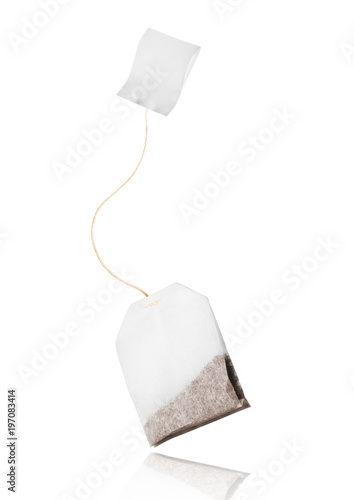 Tea bag with reflection close-up isolated on a white background