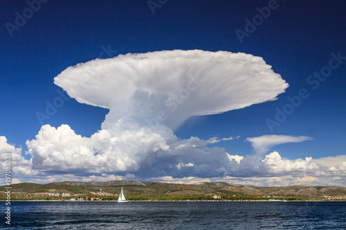 Huge cumulonimbus cloud over the sea coast. Photo taken in Dalmatia (Croatia)