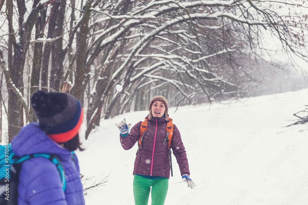 Friends play snowballs. Friends play snowballs.