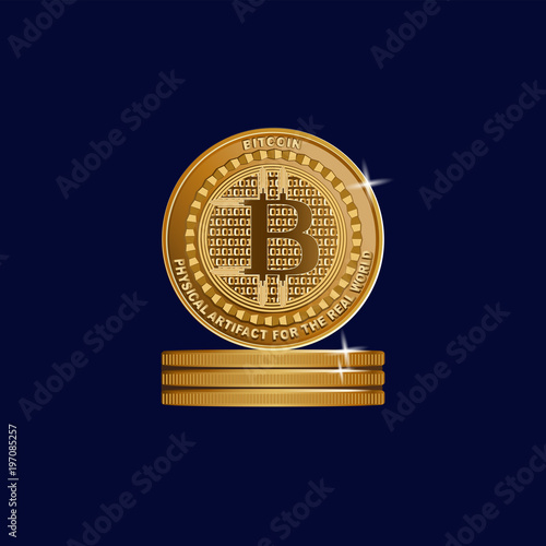 Gold sign of crypto currency. Bitcoin. Symbol of a physical coin. Dark blue background. Cryptography, illustration of financial technologies. Use for logos, print products.