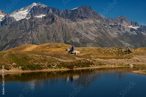 A rider on a horse near the lakes of Coruldi spodnozhaya mountains. Ushba. Upper Svaneti, Mestia, Georgia. High Caucasian ridge.