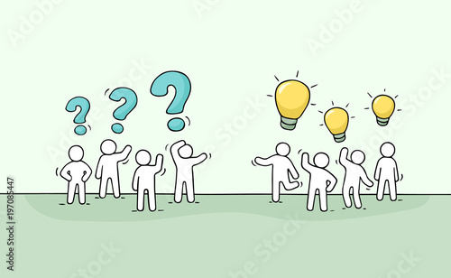 Cartoon working little people with thinking signs.