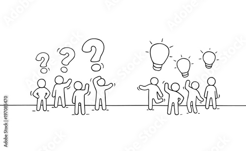 Cartoon working little people with thinking signs.