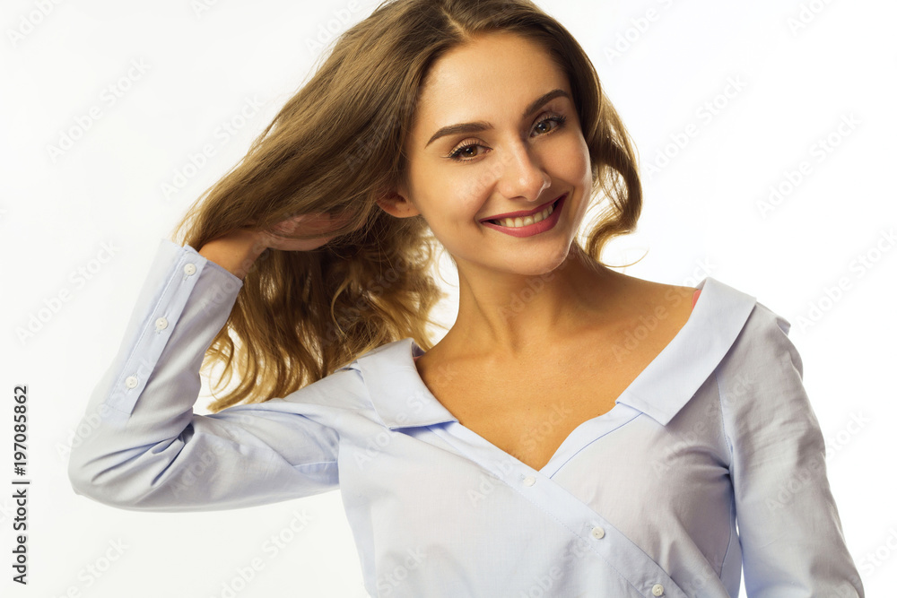 Funny pretty young business woman over white background Funny pretty young business woman over white background