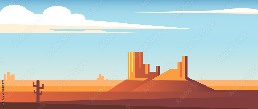 Cartoon desert wide landscape with cactus, hills and clouds flat vector illustration. Two rocks in the middle of the desert and a blue sky with clouds