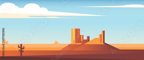 Cartoon desert wide landscape with cactus, hills and clouds flat vector illustration. Two rocks in the middle of the desert and a blue sky with clouds