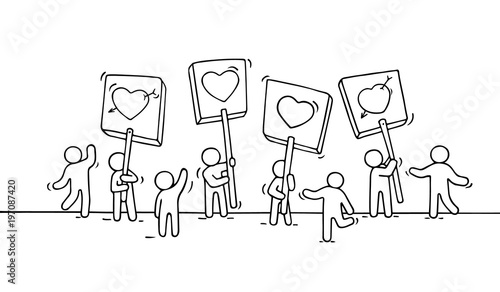 Crowd of working little people with heart sings.