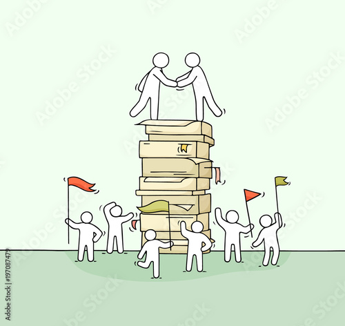 Cartoon little business people with big stack of paper.