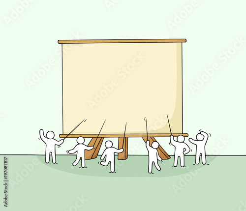 Cartoon working little people with big board.