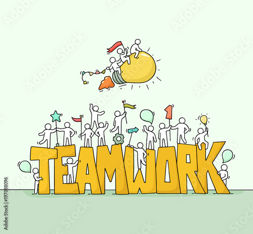 Sketch of working little people with big word Teamwork.