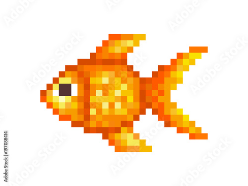 Goldfish, pixel art symbol isolated on white background. Pet animal.Popular aquarium fish. Chinese symbol of wealth and good luck. Old school 8 bit slot machine icon.Retro 80s; 90s video game graphics