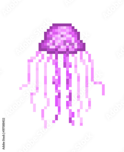 Violet jellyfish, pixel art symbol isolated on white background. Ocean, sea, oceanarium aquatic animal logo. Underwater animal. Old school 8 bit slot machine icon.Retro 80s; 90s video game graphics.