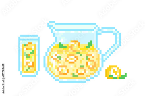 Refreshing icy lemonade with mint in a pitcher and a glass, set of 8 bit pixel art icons isolated on white background. Citrus drink. Lemon squash. Sweet fruit juice. Summer citron cocktail in a jug.