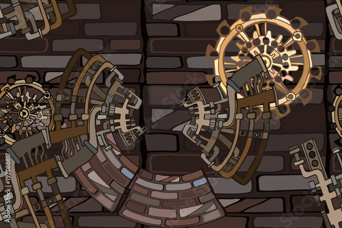 Vector seamless pattern. Abstract industrial background with fictional gearwheels and details of machines illustrating retro technology or steampunk concept. Hand drawn.