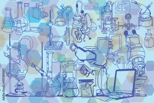 Vector seamless pattern with sketch elements related to science or education. Physics or chemistry abstract background featuring decorative or vintage laboratory hardware and diagrams. Hand drawn.