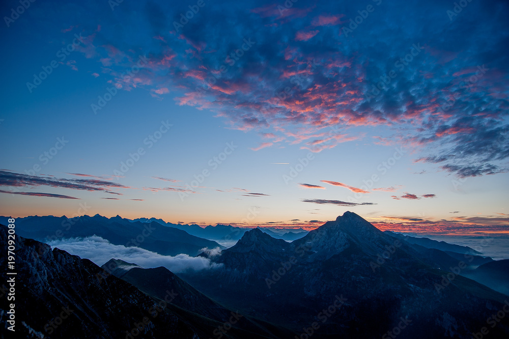 Dawn in the mountains with fog