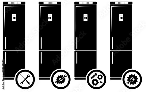 Repair service concept. Simple icons set: wrench, screwdriver, hammer and gear. Mending of refrigerators. Vector illustration.