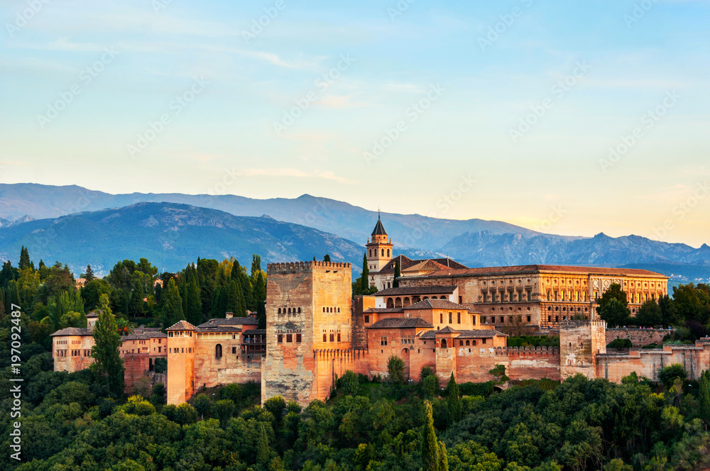 Aerial view of Alhambra Palace in Granada, Spain at sunset