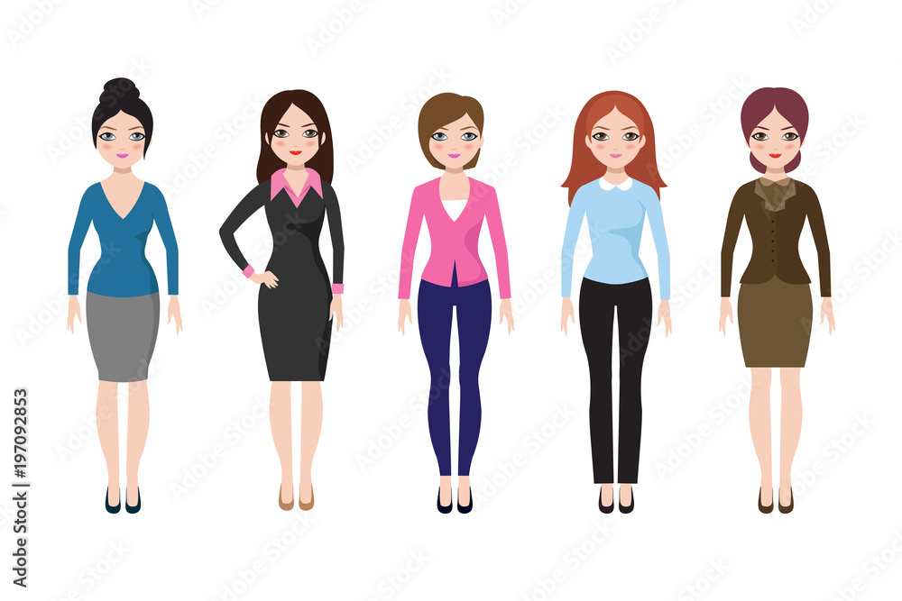 Young girl standing in different casual clothes isolated. Businesswoman in dress and pants vector set