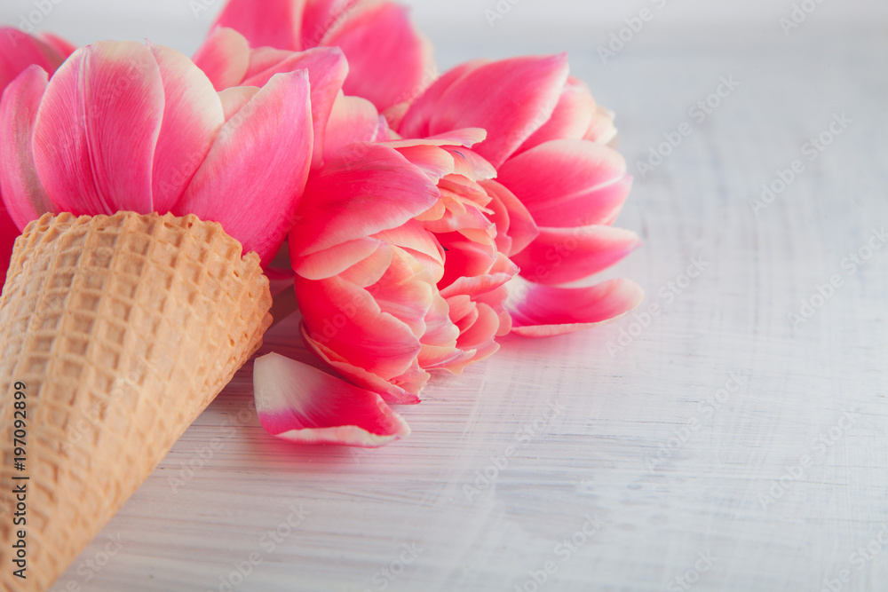 Flatlay waffle sweet ice cream cone with pink tulips blossom flowers over white wood background, top view. Spring or summer mood concept. Flatlay waffle sweet ice cream cone with pink tulips blossom flowers over white wood background, top view. Spring or summer mood concept.