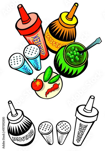 Assortment of condiments with bonus black outline versions