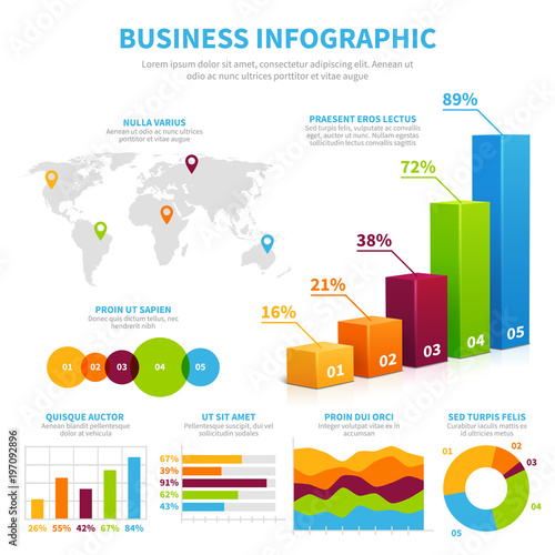 Business infographic vector template with 3d chart, graphs and diagrams. Data visualization financial concept