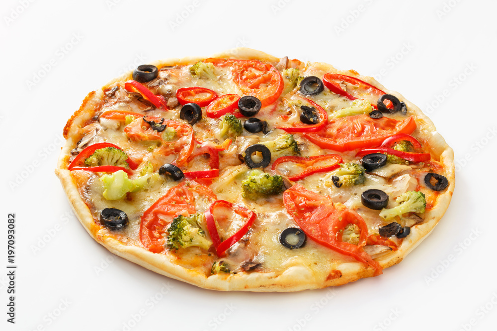 small, vegetarian pizza with olives, tomatoes and broccoli small, vegetarian pizza with olives, tomatoes and broccoli