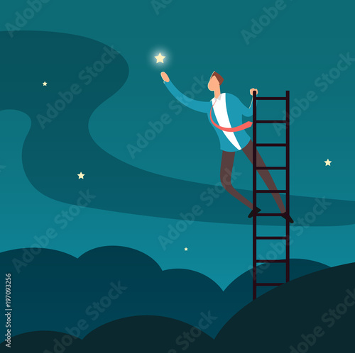 Successful businessman reaching star. Man climbing to stars. Business and career success vector concept