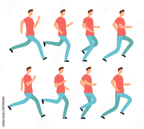Cartoon running man in casual clothes. Young male jogging. Animation frames sequence isolated vector set