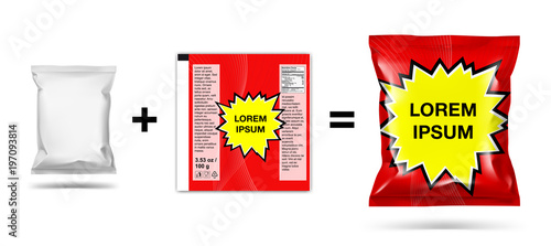 Mockup of food snack pillow bag on white background. Vector illustration. Can be use for template your design, promo, adv. File layered, quickly place your image. EPS10.