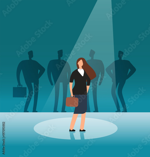 Talented businesswoman standing in searchlight. Recruitment, hiring, career and job opportunities vector concept