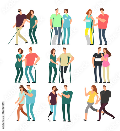 Disabled people with caring friends. Handicapped persons and medical assistants