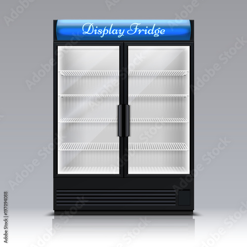 Empty freezer for beverages with glass door. Supermarket food fridge 3d vector illustration