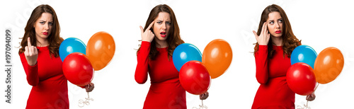 Obraz na plátně Set of Beautiful young girl holding balloons and making crazy gesture