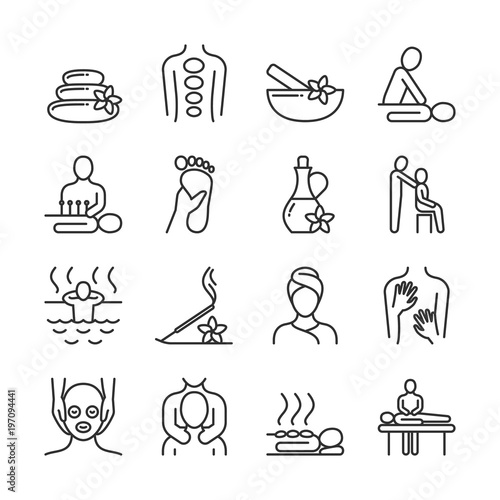 Relaxing massage and organic spa line pictograms. Hand therapy vector icons