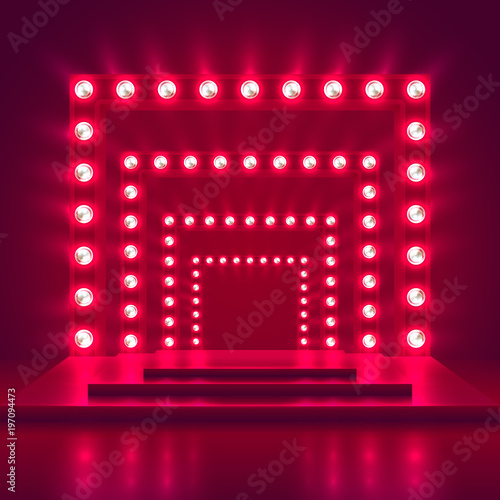 Retro show stage with light frame decoration. Game winner casino vector background