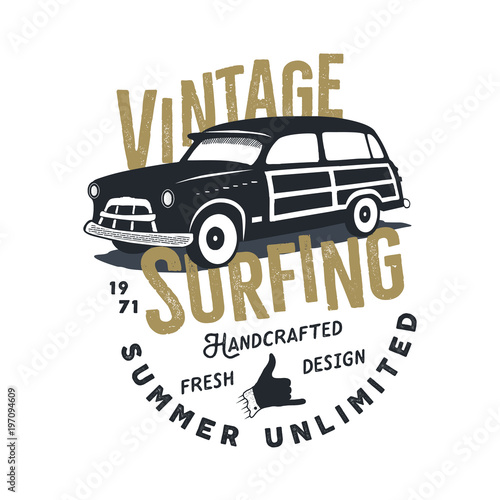 Vintage hand drawn tee print vector design with retro surf car  shaka sign and typography elements. Surf print design  patch. Summer t shirt print concept isolated on white. Stock vector