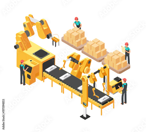 Isometric electronic factory with conveyor assembly line, operators and robots. 3d vector illustration