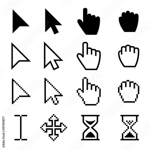 Arrow web cursors, digital hand pointers vector black pictograms