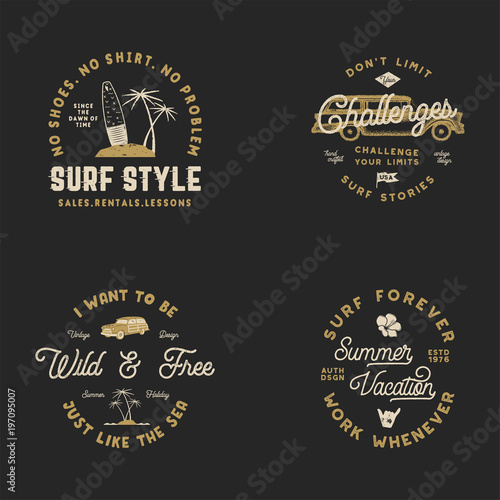 Vntage Hand Drawn Surfing Graphics and Emblems for web design or print. Surfer logotypes. Surf Logo. Summer surf logo typography insignia collection. Stock Vector hipster patches isolated on black