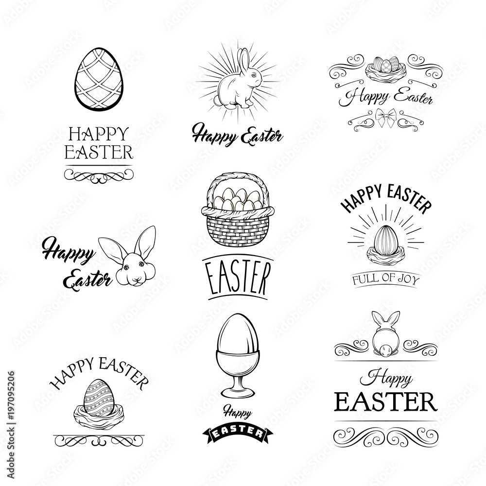 Easter symbols badges. Spring Religious Christian Colorful Items. Vector Illustration. Stock Vector
