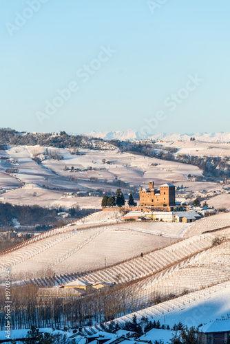 Grinzane Cavour Castle and mountains in northern italy, langhe region, piedmont