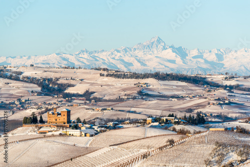 Obraz na plátně Grinzane Cavour Castle and mountains in northern italy, langhe region, piedmont