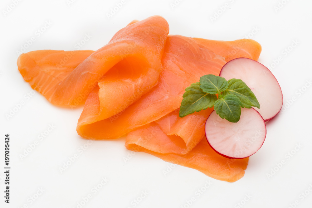 Fresh salmon slice and spice on the white background. Fresh salmon slice and spice on the white background.