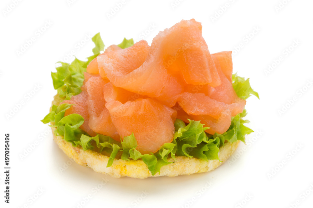 Bread with fresh salmon fillet isolated on white background, top view.