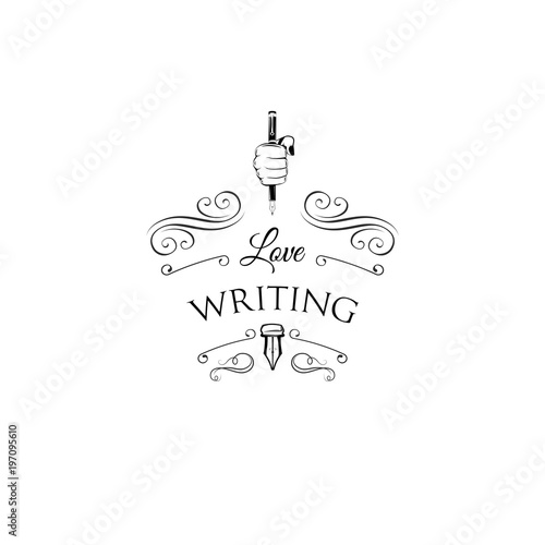 Feather pen in fist. Write sign logo. Love Writing inscription. Vector illustration.